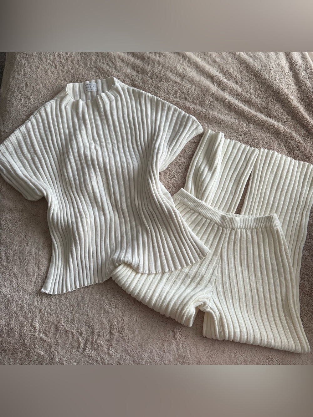 SABO Skirt SET white Celine top + pants 100% cotton MEDIUM